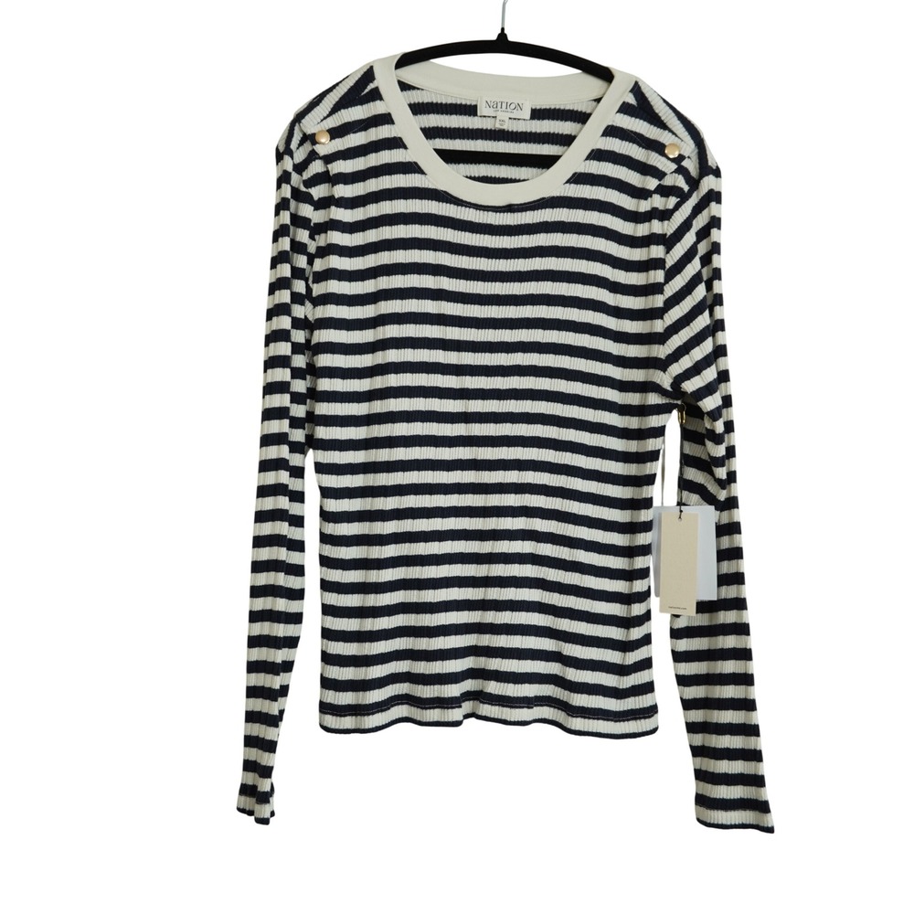 Nation LTD Striped Rib Knit Long Sleeve Top Navy Cream Gold‎ Button XXL NEW